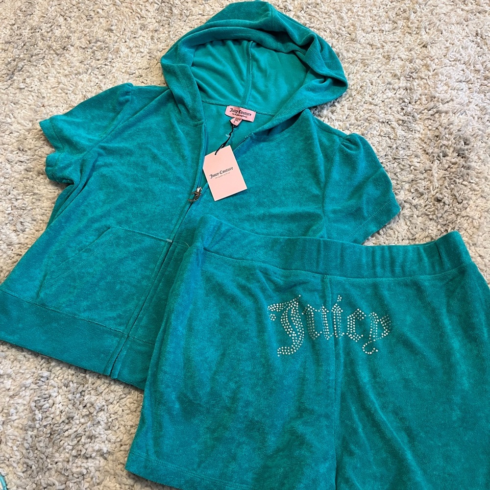 Juicy Couture Terrycloth Coastal Teal Short Sleeve Hoodie & Short SET- Large NWT
